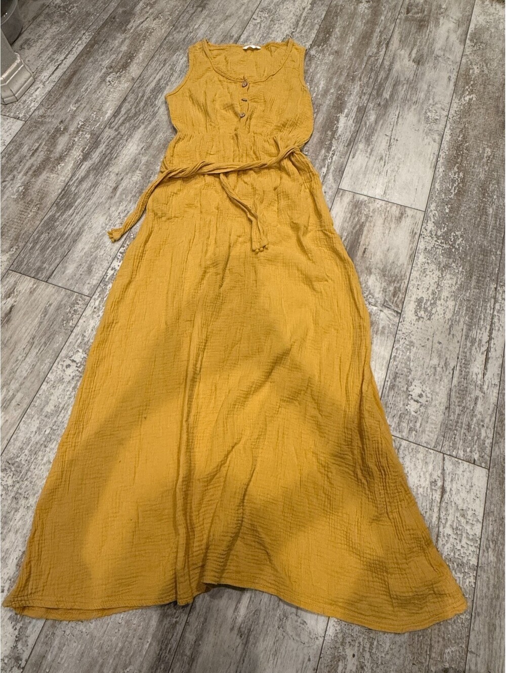 Women's Mustard Gauze Button Maxi Dress L Boho
